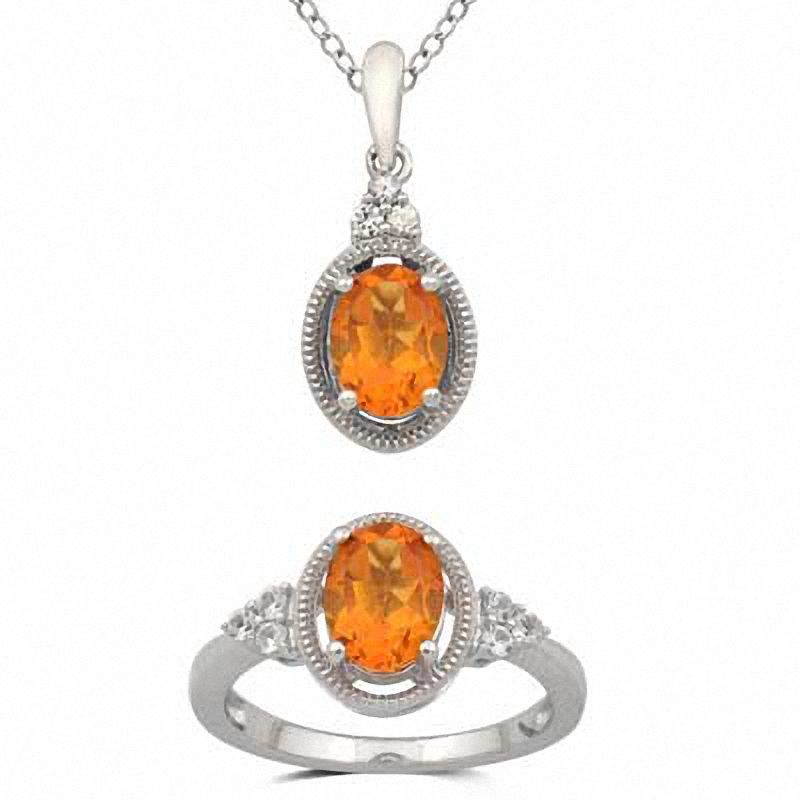 Main Image 1 of Oval Citrine and Lab-Created White Sapphire Pendant and Ring Set in Sterling Silver - Size 7