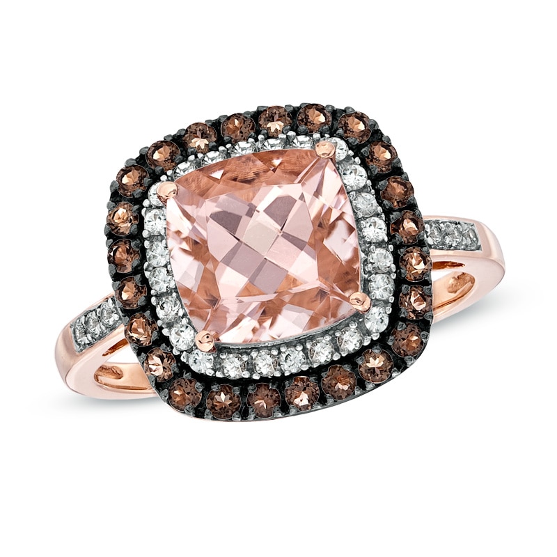 Main Image 1 of 8.0mm Cushion-Cut Morganite, Smoky Quartz and 1/10 CT. T.W. Diamond Ring in 10K Rose Gold