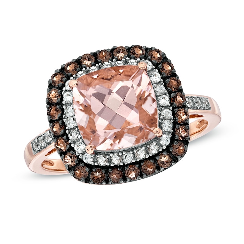 8.0mm Cushion-Cut Morganite, Smoky Quartz and 1/10 CT. T.W. Diamond Ring in 10K Rose Gold