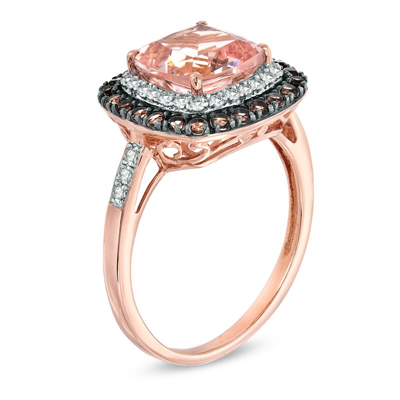 Main Image 2 of 8.0mm Cushion-Cut Morganite, Smoky Quartz and 1/10 CT. T.W. Diamond Ring in 10K Rose Gold