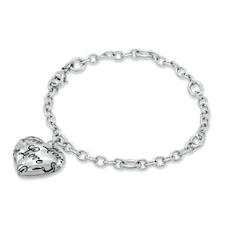 "Love" Puffed Heart Charm Bracelet in Stainless Steel - 7.5"