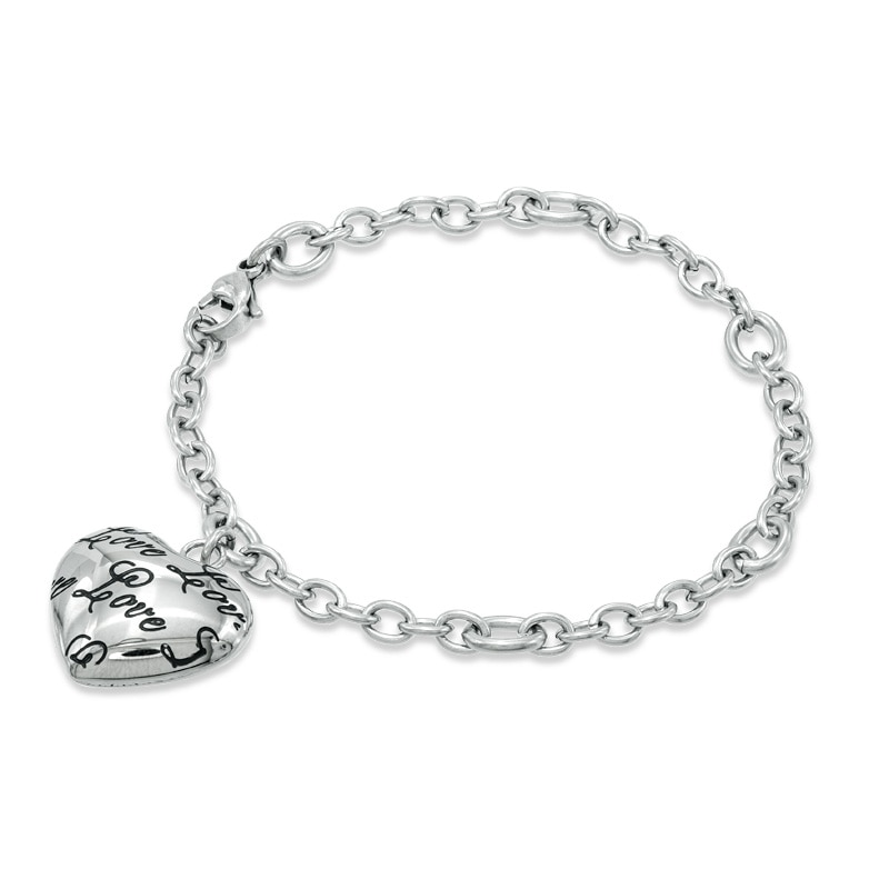 "Love" Puffed Heart Charm Bracelet in Stainless Steel - 7.5"