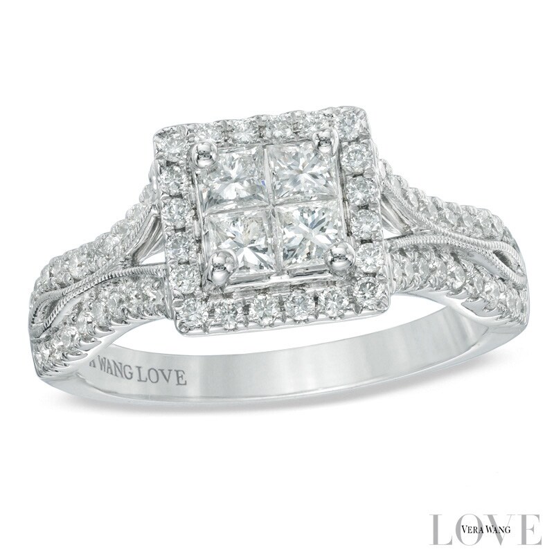 Main Image 1 of Vera Wang Love Collection 1 CT. T.W. Quad Princess-Cut Diamond Frame Engagement Ring in 14K White Gold