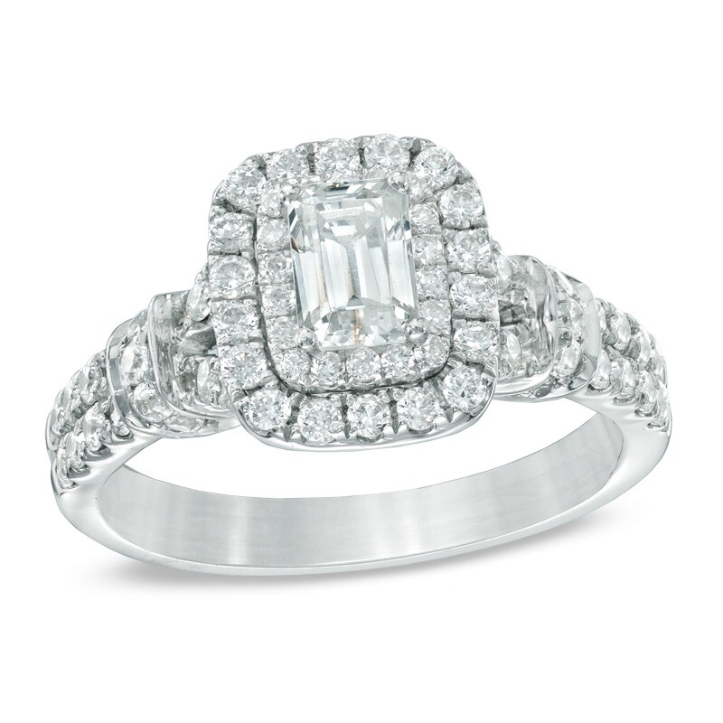 Main Image 1 of Celebration Ideal 1-1/6 CT. T.W. Emerald-Cut Certified Diamond Frame Engagement Ring in 14K White Gold (I/I1)