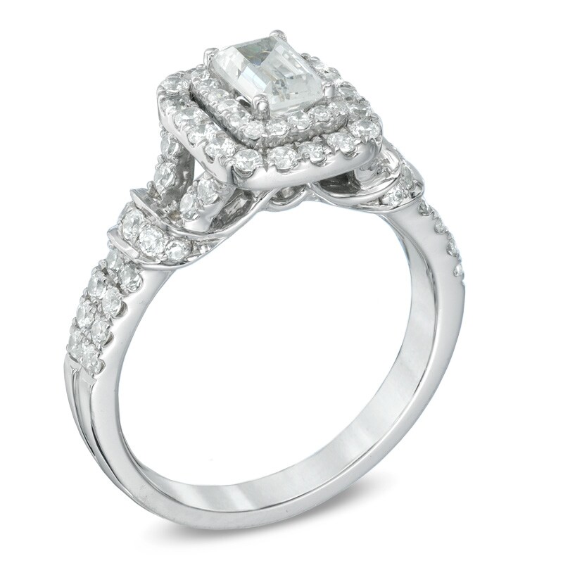 Main Image 2 of Celebration Ideal 1-1/6 CT. T.W. Emerald-Cut Certified Diamond Frame Engagement Ring in 14K White Gold (I/I1)