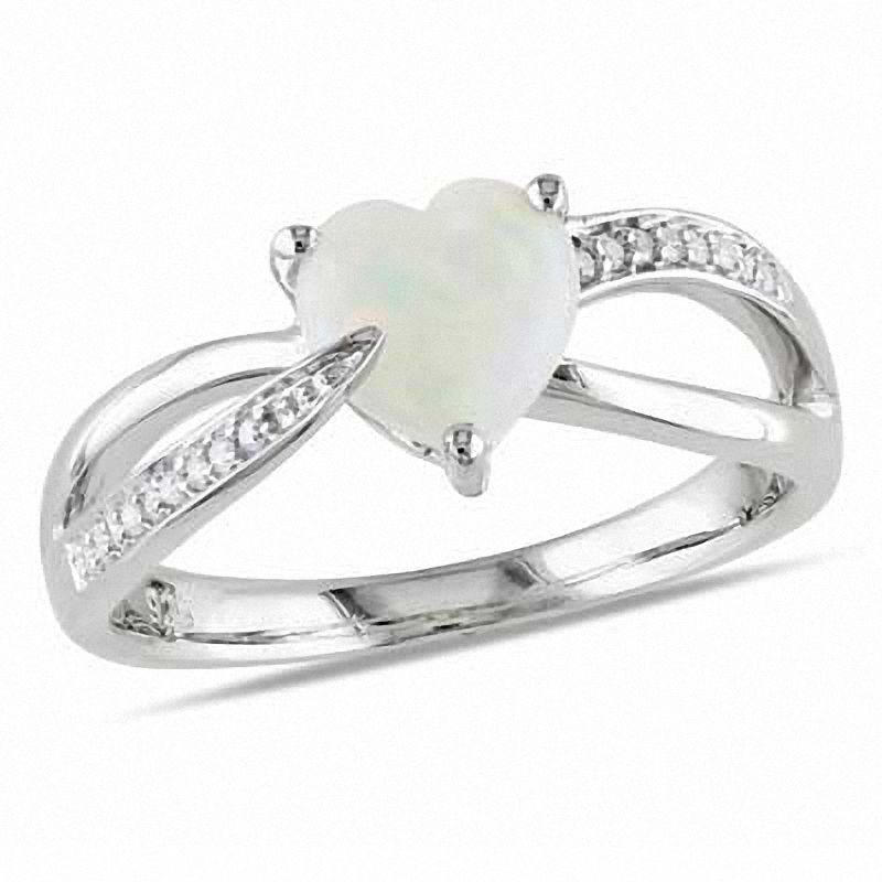 7.0mm Heart-Shaped Opal and 1/20 CT. T.W. Diamond Ring in Sterling Silver