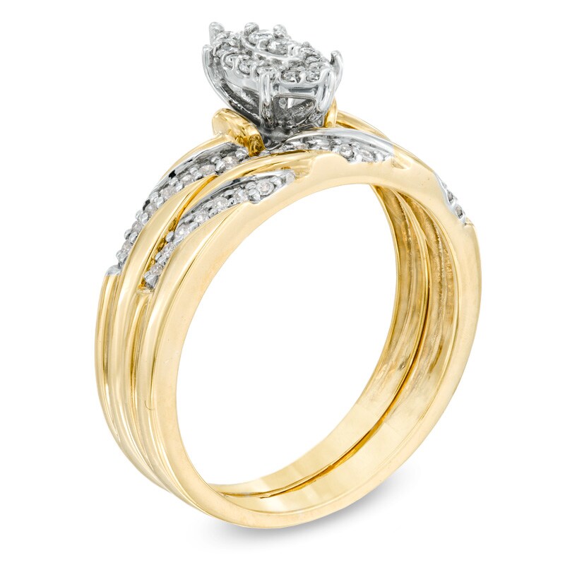Main Image 2 of 1/4 CT. T.W. Marquise Composite Diamond Slant Striped Bridal Set in 10K Gold
