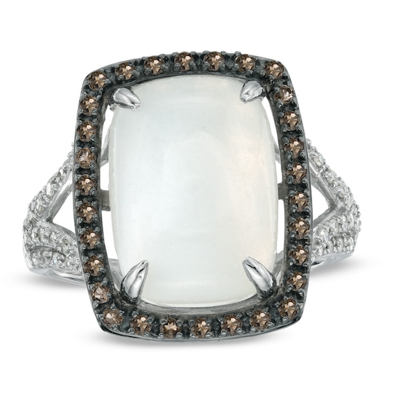 Cushion-Cut Moonstone, Smoky Quartz and 1/10 CT. T.w. Diamond Ring in 10K White Gold