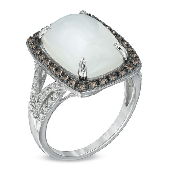 Cushion-Cut Moonstone, Smoky Quartz and 1/10 CT. T.w. Diamond Ring in 10K White Gold