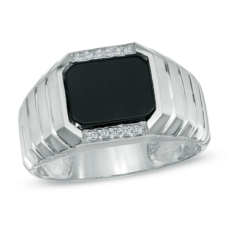 Men's Rectangular Onyx and Diamond Accent Ring in 14K White Gold