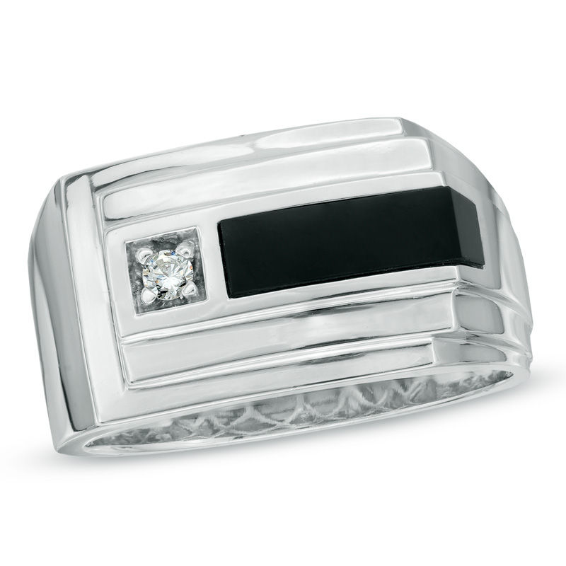 Men's Rectangular Onyx and Diamond Accent Layered Bar Ring in 10K White Gold