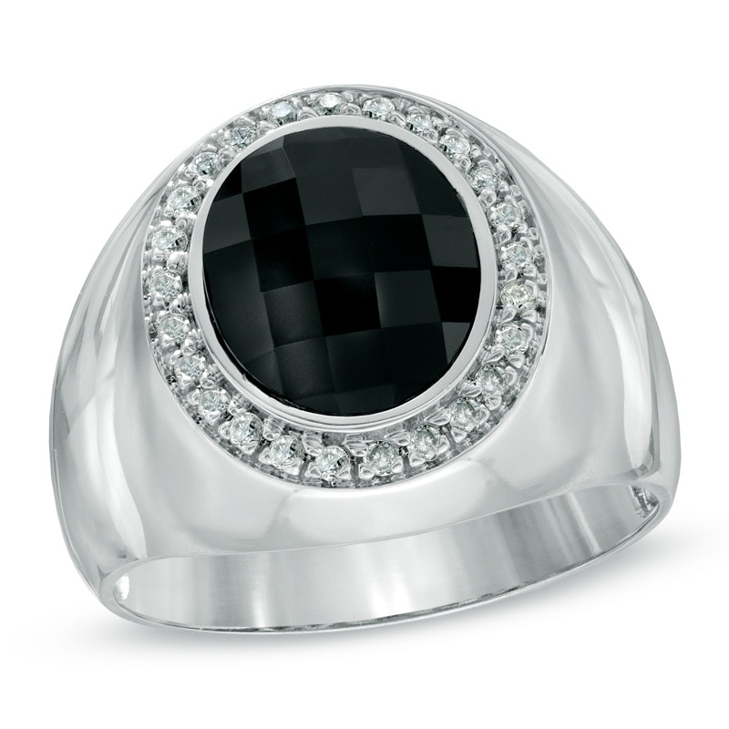Men's Oval Onyx and 1/4 CT. T.W. Diamond Frame Ring in 10K White Gold