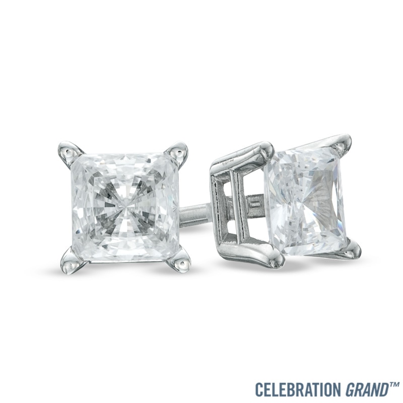Main Image 1 of Celebration Ideal 1/3 CT. T.W. Princess-Cut Certified Diamond Solitaire Stud Earrings in 14K White Gold (K/I1)