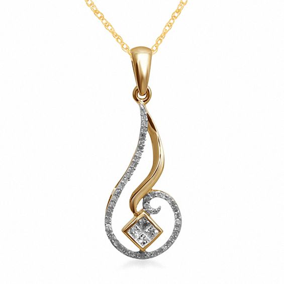 1/5 CT. T.w. Princess-Cut Quad Diamond Flame Pendant in 10K Gold