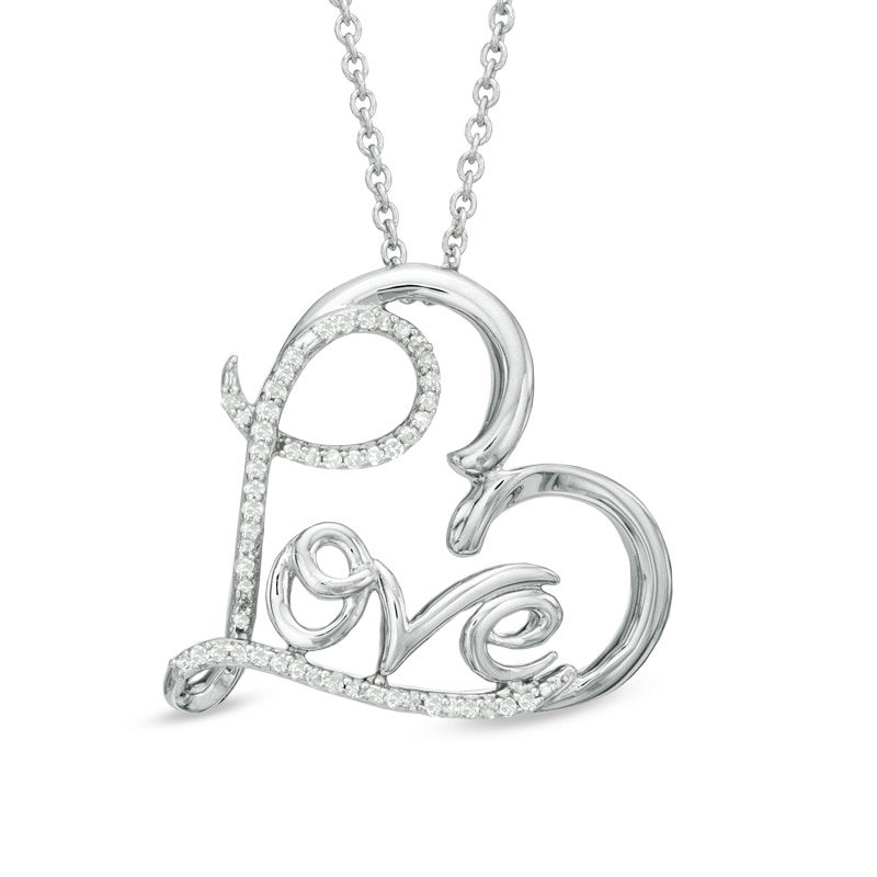 1/10 CT. T.W. Diamond Tilted Heart with Cursive "LOVE" Pendant in Sterling Silver