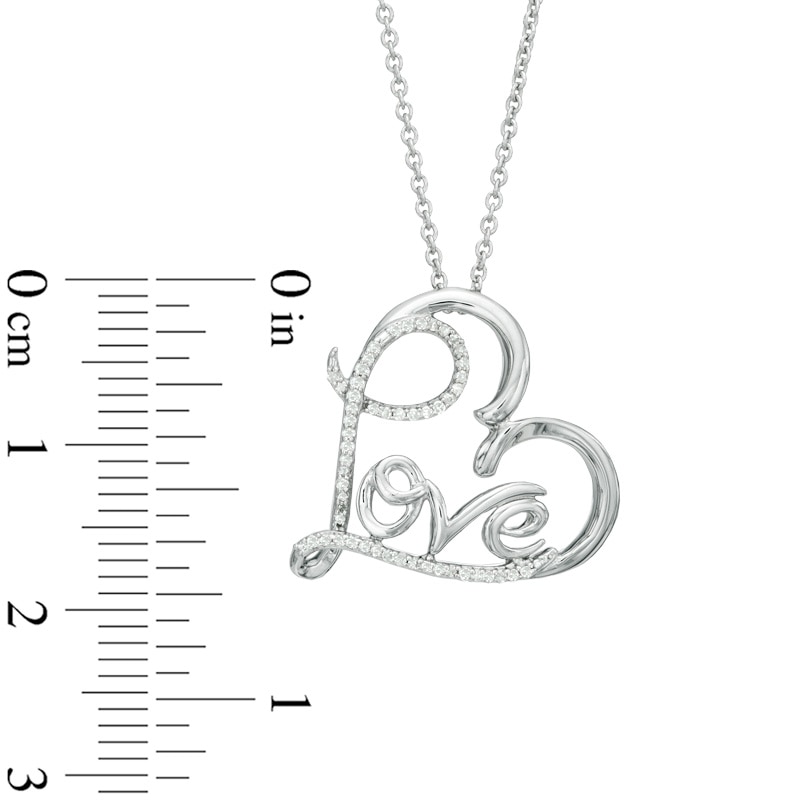 1/10 CT. T.W. Diamond Tilted Heart with Cursive "LOVE" Pendant in Sterling Silver