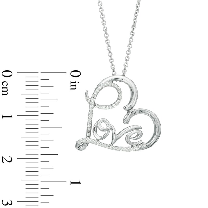 Main Image 2 of 1/10 CT. T.W. Diamond Tilted Heart with Cursive "LOVE" Pendant in Sterling Silver