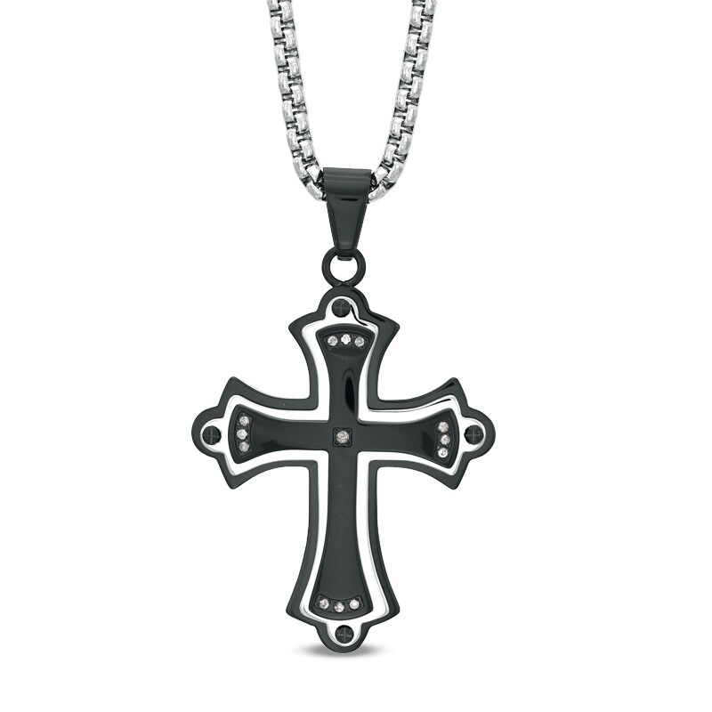 Main Image 1 of Men's Diamond Accent Stacked Cross Pendant in Two-Tone Stainless Steel - 24"