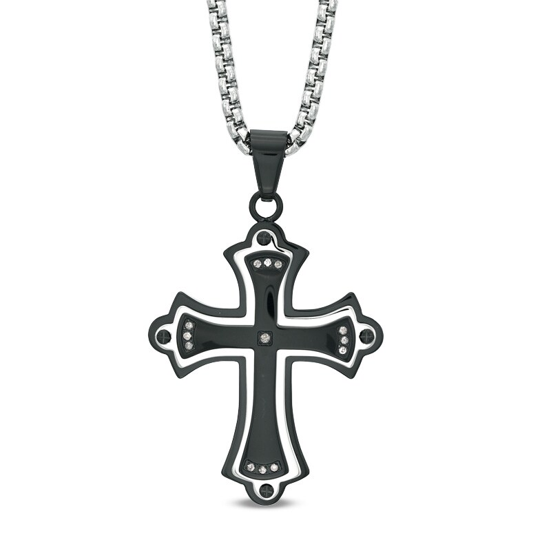 Men's Diamond Accent Stacked Cross Pendant in Two-Tone Stainless Steel - 24"