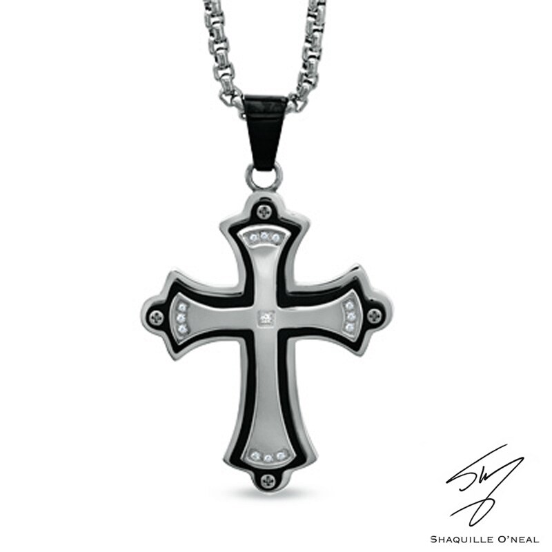 Main Image 1 of Men's Diamond Accent Stacked Cross Pendant in Two-Tone Stainless Steel - 24"