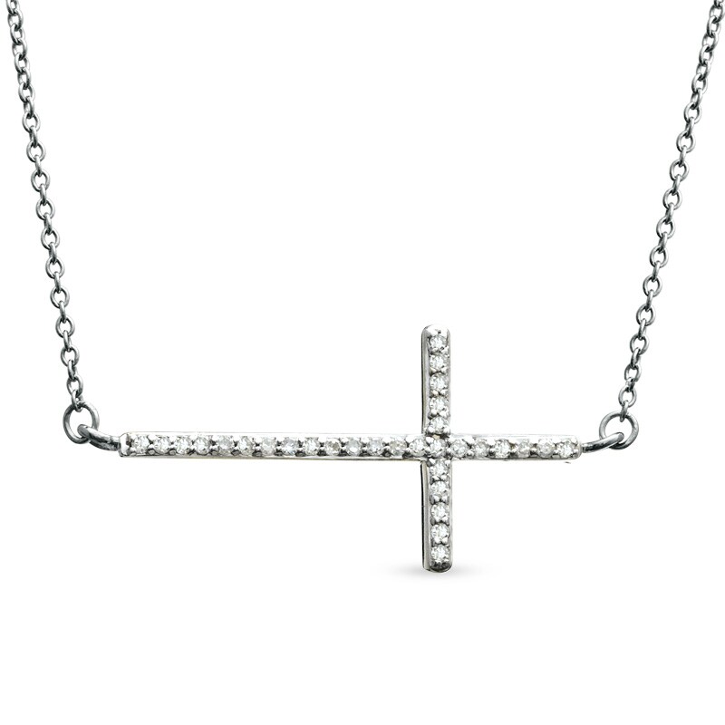 1/6 CT. T.W. Diamond Sideways Cross Necklace in 10K White Gold - 17"