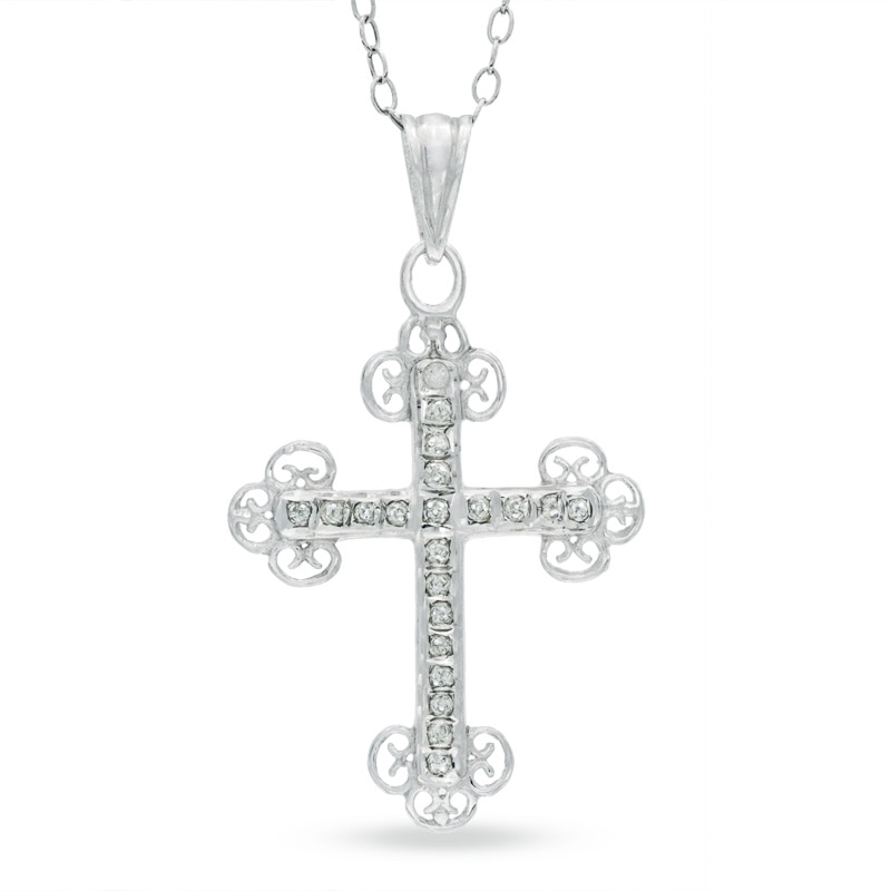 Diamond Fascination™ Vintage-Style Cross Pendant in Sterling Silver with Platinum Plate