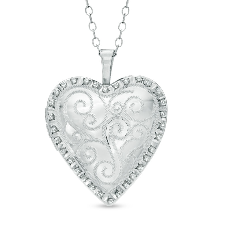 Diamond Fascination™ Heart with Scroll Design Locket in Sterling Silver with Platinum Plate