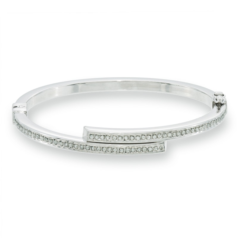 Diamond Fascination™ Bypass Slip-On Bangle in Sterling Silver with Platinum Plate