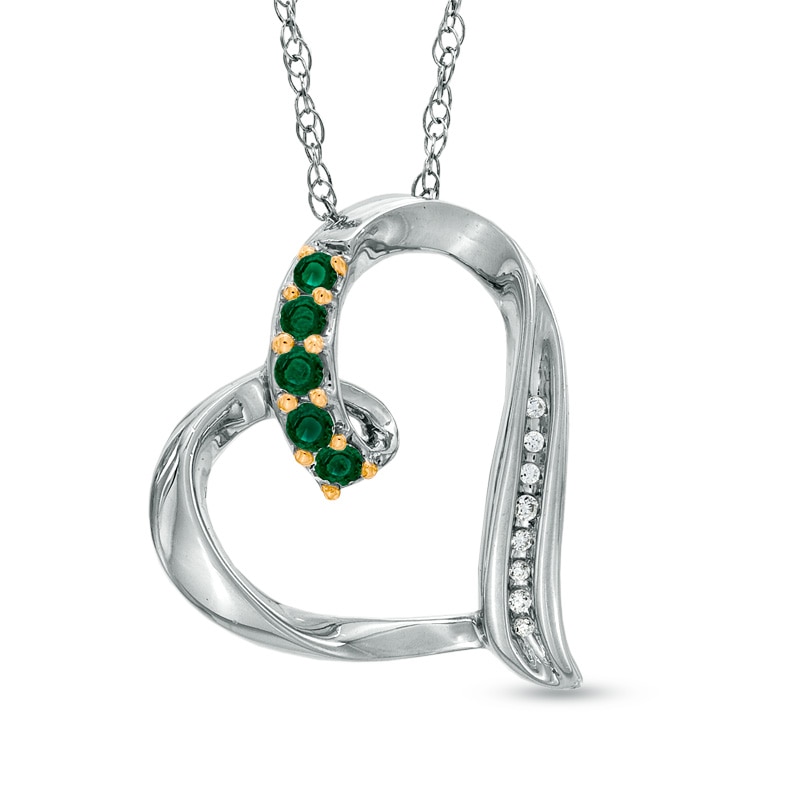 Main Image 1 of Lab-Created Emerald and Diamond Accent Looping Heart Pendant in Sterling Silver
