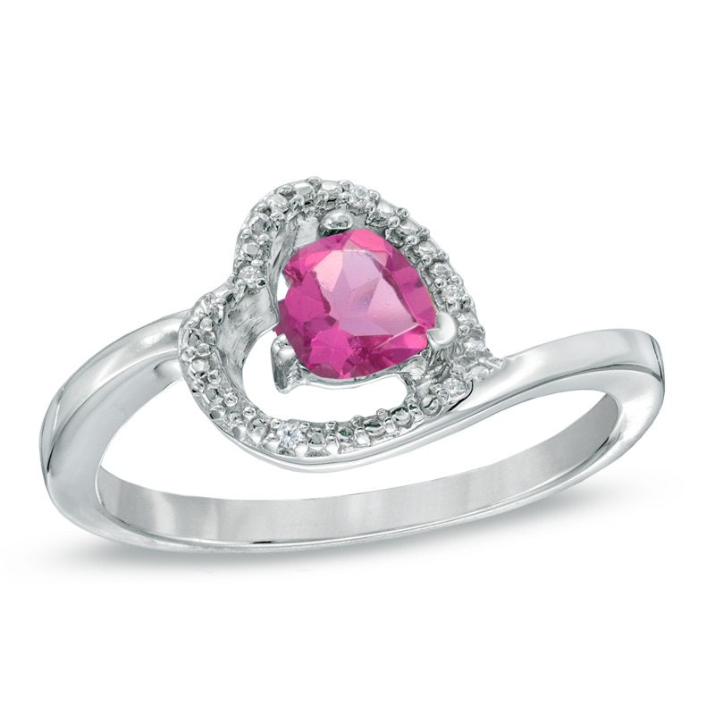 Main Image 1 of 5.0mm Sideways Heart-Shaped Lab-Created Pink Sapphire and Diamond Accent Promise Ring in Sterling Silver