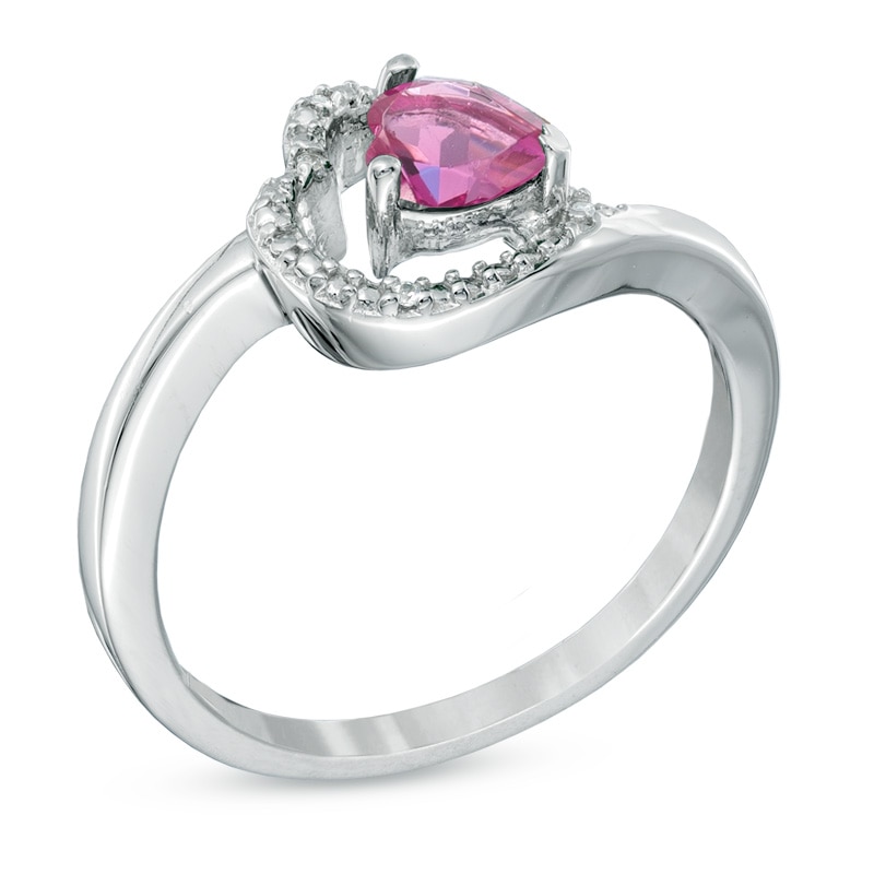 Main Image 2 of 5.0mm Sideways Heart-Shaped Lab-Created Pink Sapphire and Diamond Accent Promise Ring in Sterling Silver
