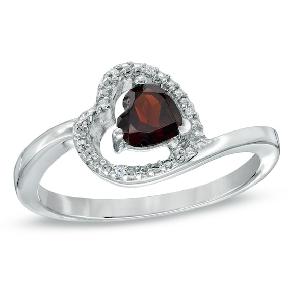5.0mm Sideways Heart-Shaped Garnet and Diamond Accent Promise Ring in Sterling Silver
