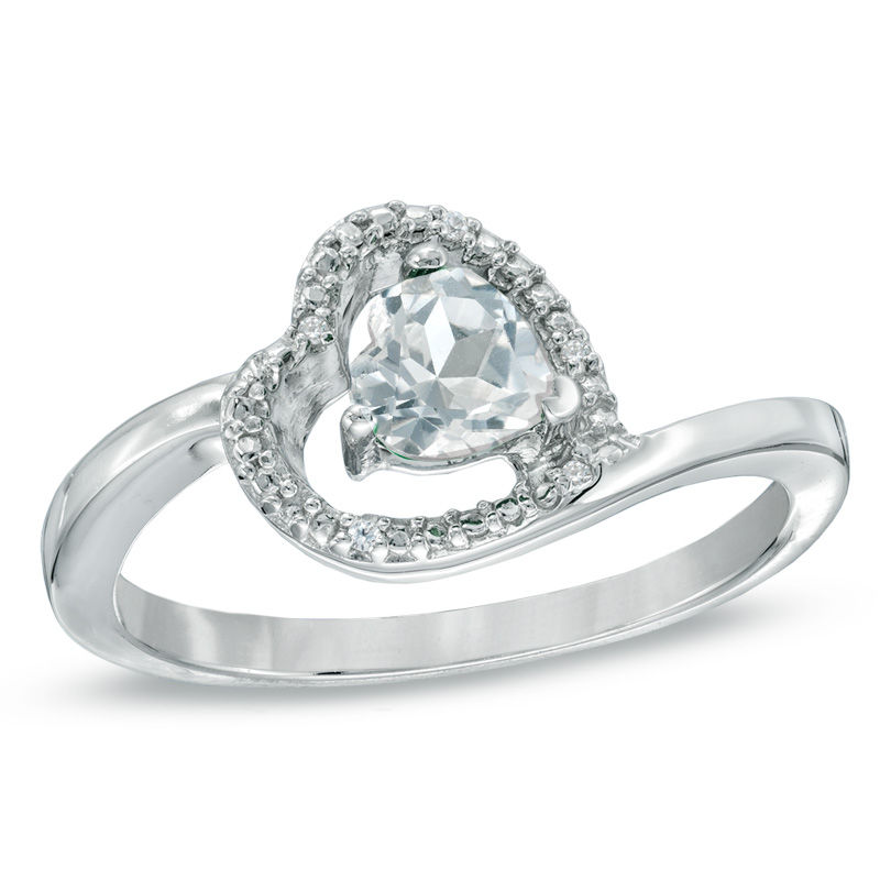 5.0mm Sideways Heart-Shaped Lab-Created White Sapphire and Diamond Accent Promise Ring in Sterling Silver