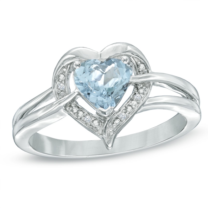 6.0mm Heart-Shaped Aquamarine and Diamond Accent Ring in Sterling Silver