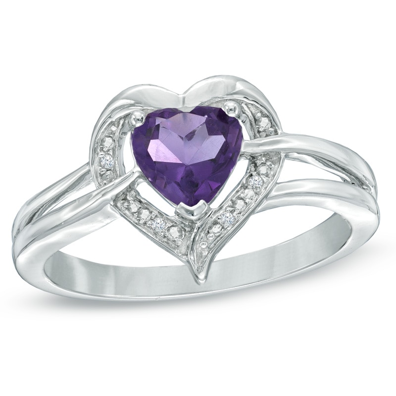 Main Image 1 of 6.0mm Heart-Shaped Amethyst and Diamond Accent Ring in Sterling Silver