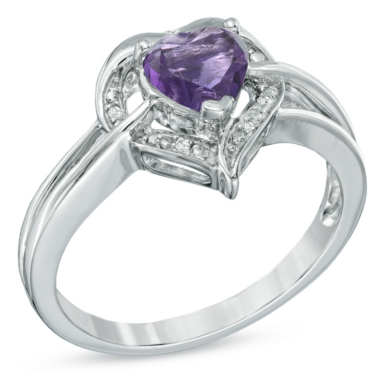 Main Image 2 of 6.0mm Heart-Shaped Amethyst and Diamond Accent Ring in Sterling Silver