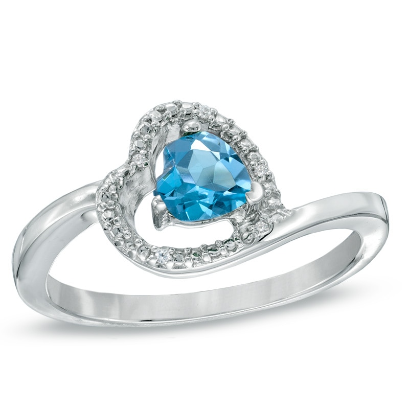 Main Image 1 of 5.0mm Sideways Heart-Shaped Blue Topaz and Diamond Accent Ring in Sterling Silver