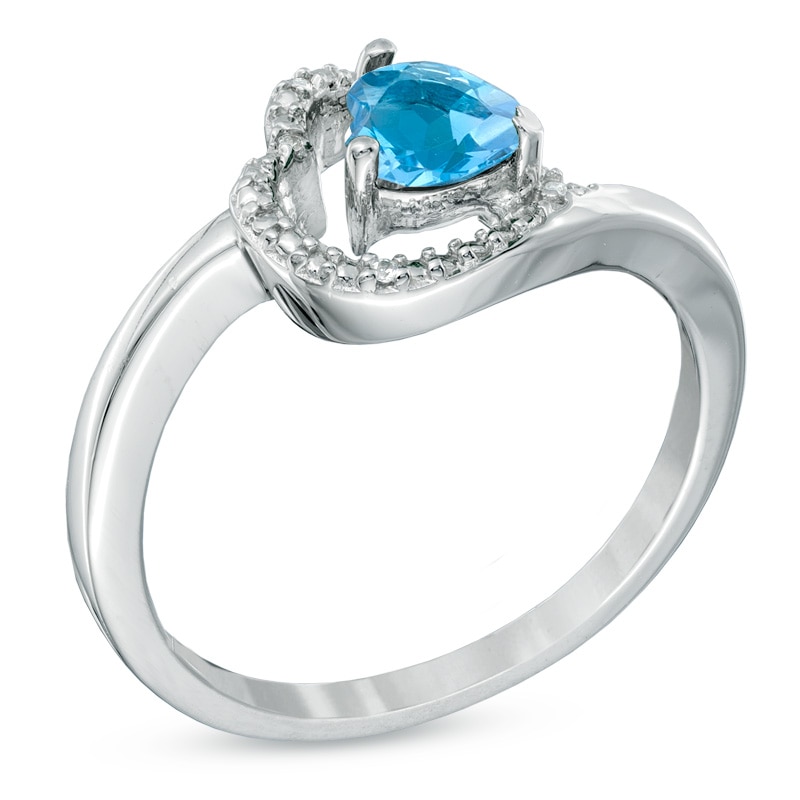 Main Image 2 of 5.0mm Sideways Heart-Shaped Blue Topaz and Diamond Accent Ring in Sterling Silver