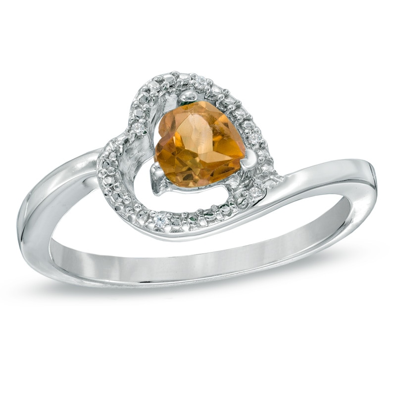 5.0mm Sideways Heart-Shaped Citrine and Diamond Accent Ring in Sterling ...