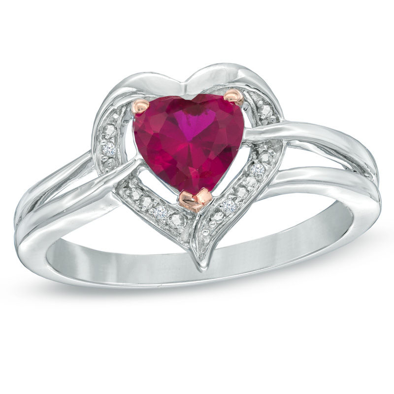 Main Image 1 of 6.0mm Heart-Shaped Lab-Created Ruby and Diamond Accent Ring in Sterling Silver