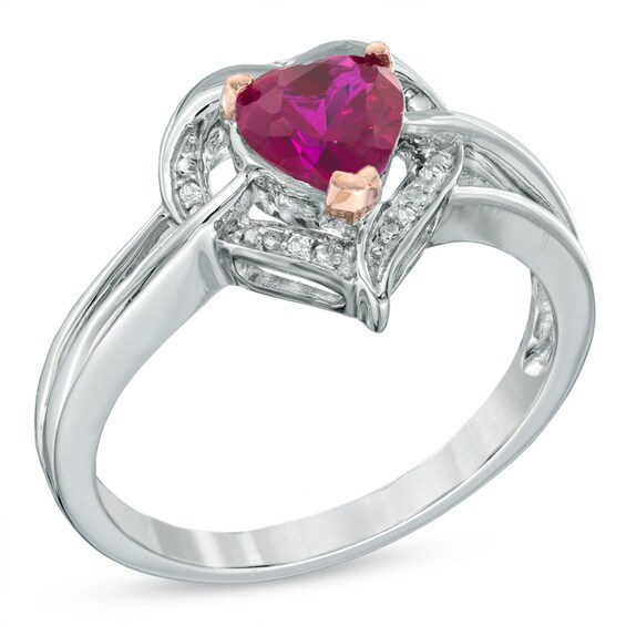 6.0mm Heart-Shaped Lab-Created Ruby and Diamond Accent Ring in Sterling Silver