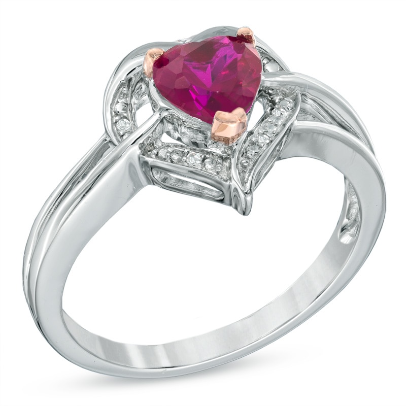 Main Image 2 of 6.0mm Heart-Shaped Lab-Created Ruby and Diamond Accent Ring in Sterling Silver