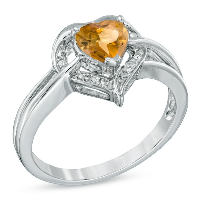 6.0mm Heart-Shaped Citrine and Diamond Accent Ring in Sterling Silver