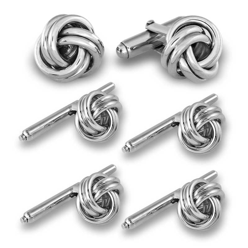 Men's Love Knot Cuff Links with Shirt Studs Set in Sterling Silver