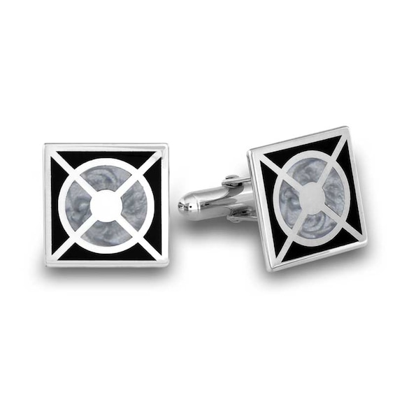 Men's Black and Grey Enamel Square Cuff Links in Sterling Silver