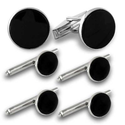 Men's Onyx Cuff Links with Shirt Studs Set in Sterling Silver | Zales