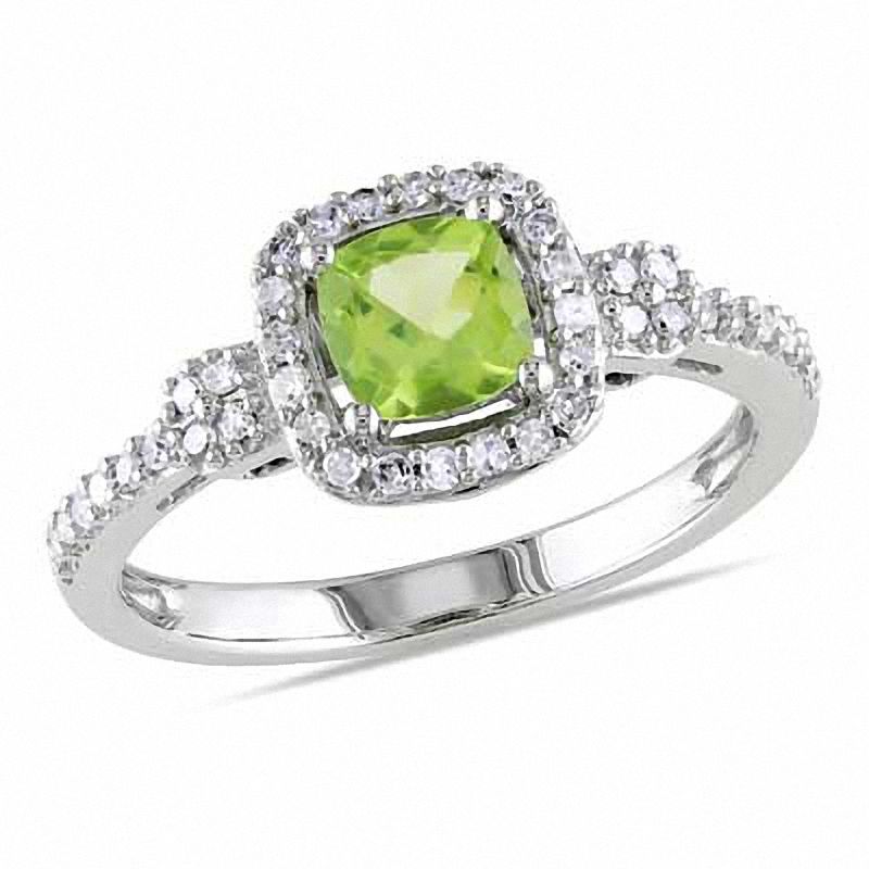 5.0mm Cushion-Cut Peridot and 1/5 CT. T.W. Diamond Frame Ring in 10K White Gold