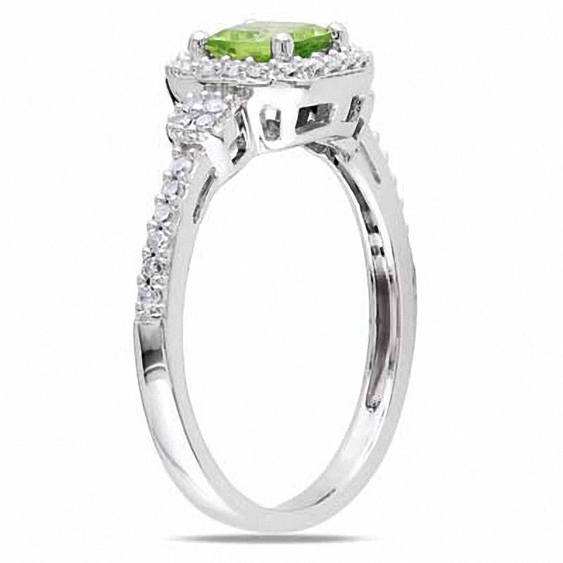 Main Image 2 of 5.0mm Cushion-Cut Peridot and 1/5 CT. T.W. Diamond Frame Ring in 10K White Gold