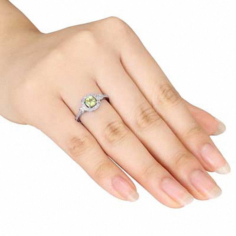 5.0mm Cushion-Cut Peridot and 1/5 CT. T.W. Diamond Frame Ring in 10K White Gold