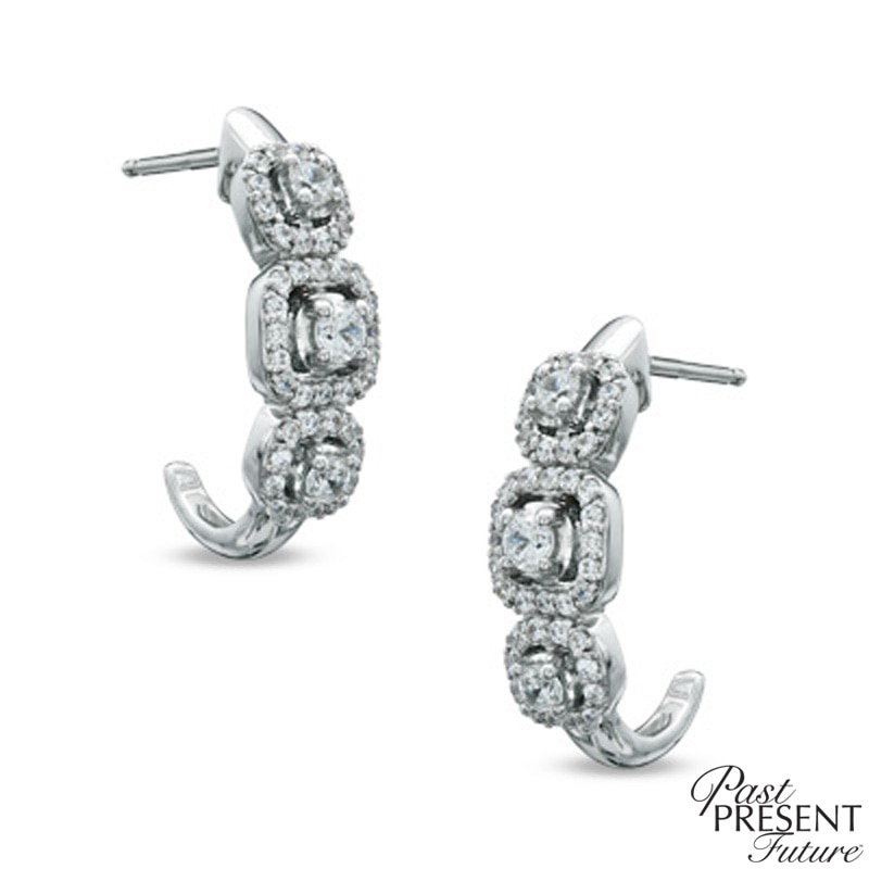 1/2 CT. T.W. Diamond Past Present Future® Frame J-Hoop Earrings in 14K White Gold